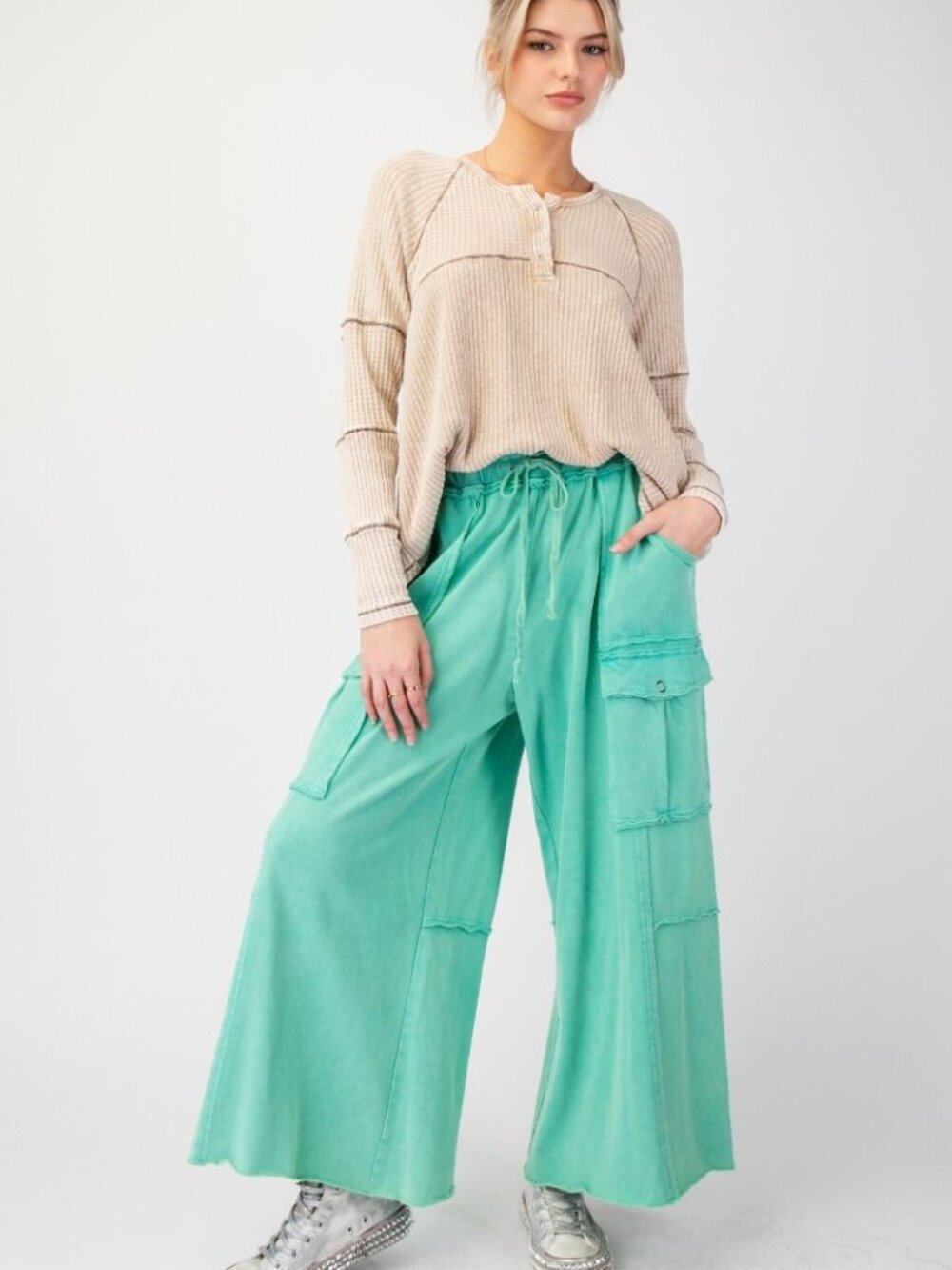THREE BIRD NEST WASHED WIDE LEGS TERRY CARGO PANTS 100% COTTON